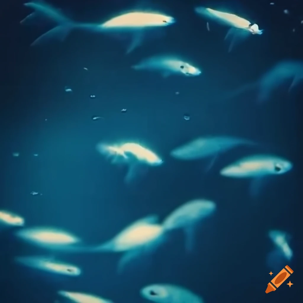 Ethereal fish sequence with cyanotype aesthetics on VHS