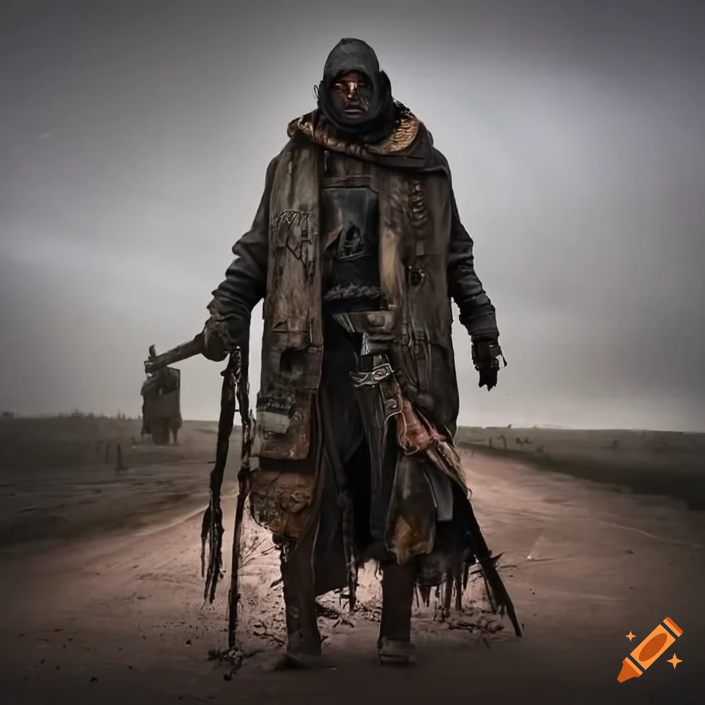 Post-apocalyptic wasteland nomad in dusty black leather walking on highway