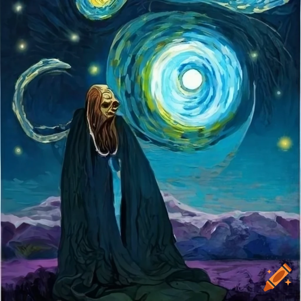 Hermit tarot card in art nouveau style under a starry night