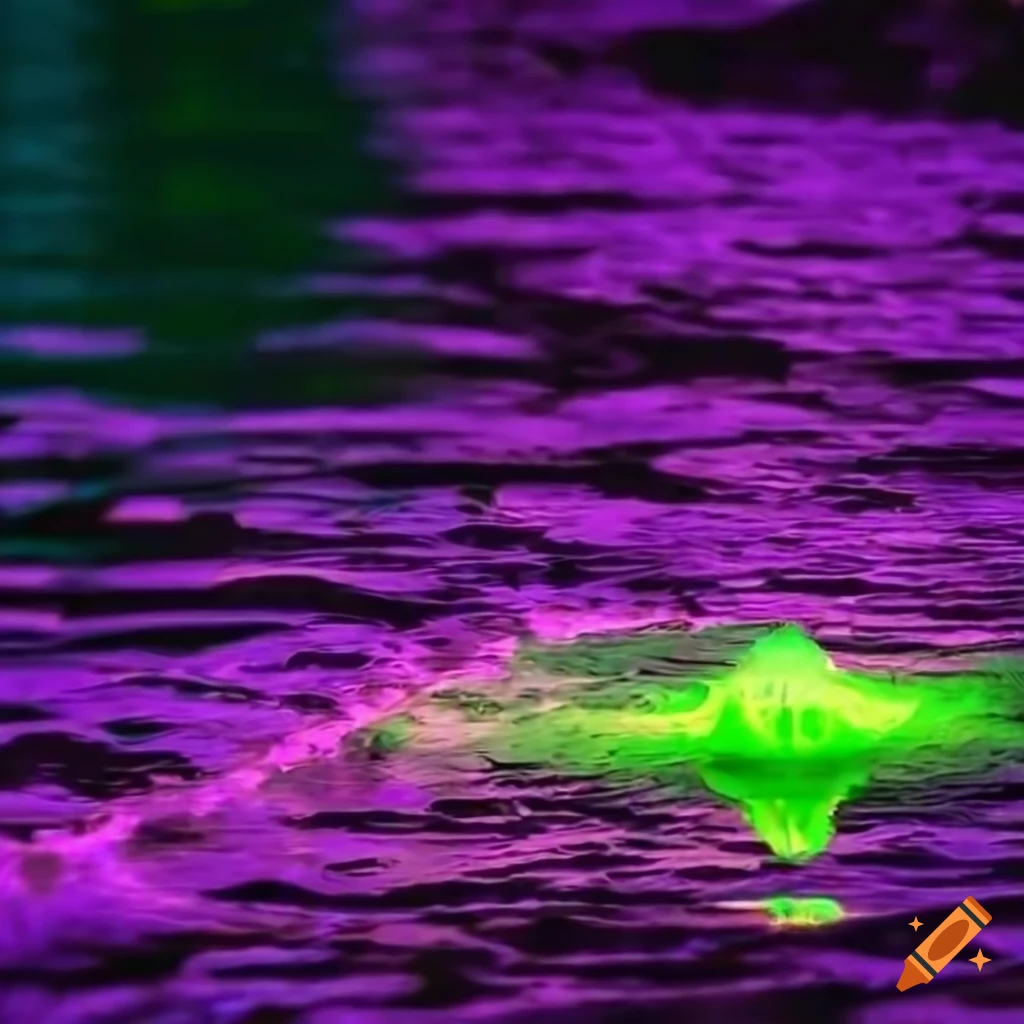Glowing green air waves against purple moss at temple in city streets