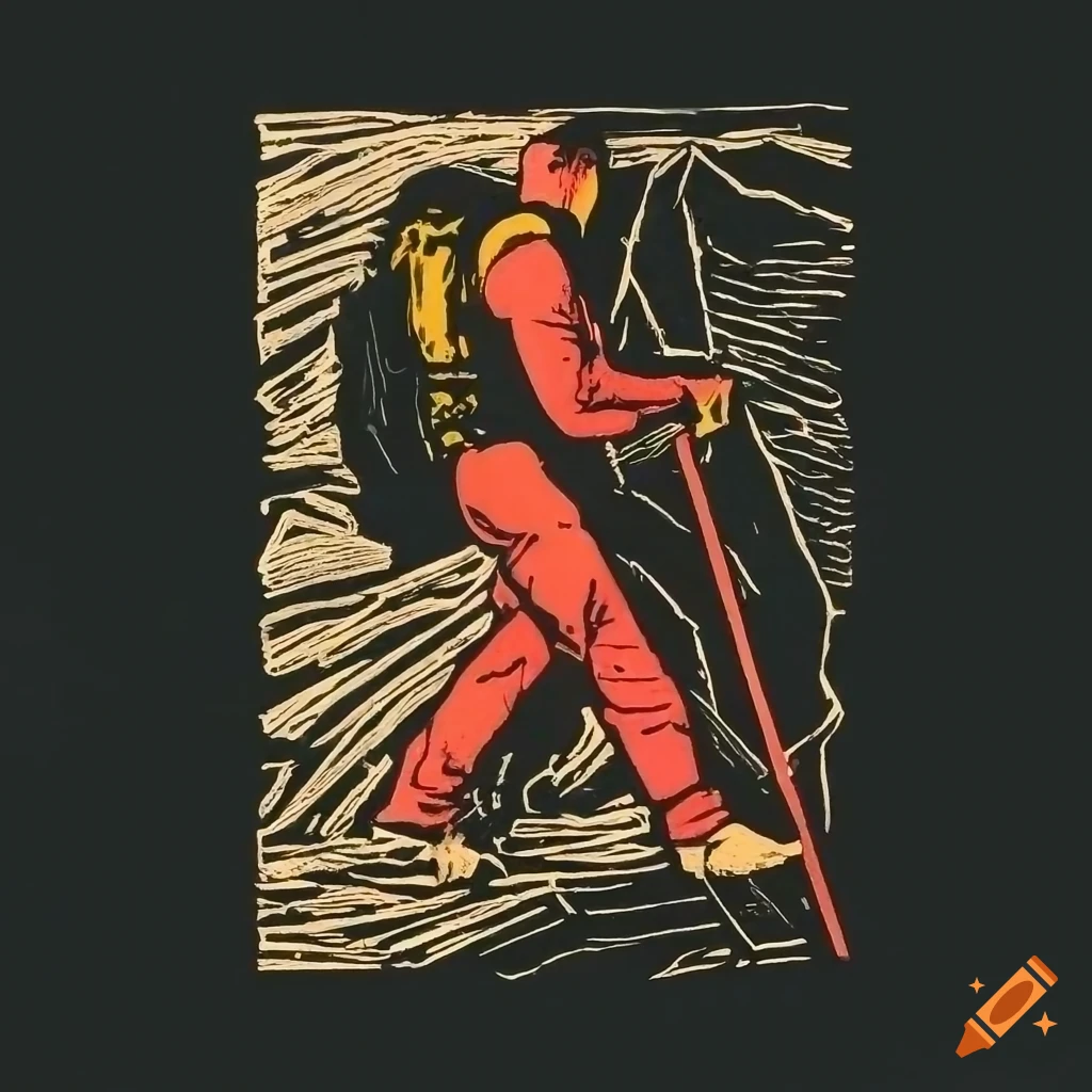Adventurous mountaineer on a steep cliff in a linocut print