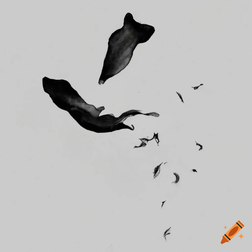 Single petal in midair depicted in ink art