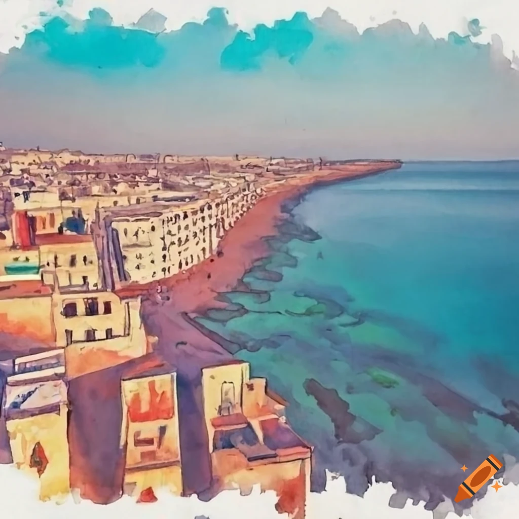 Melancholic watercolor aerial view of Algiers coastline with colorful colonial buildings