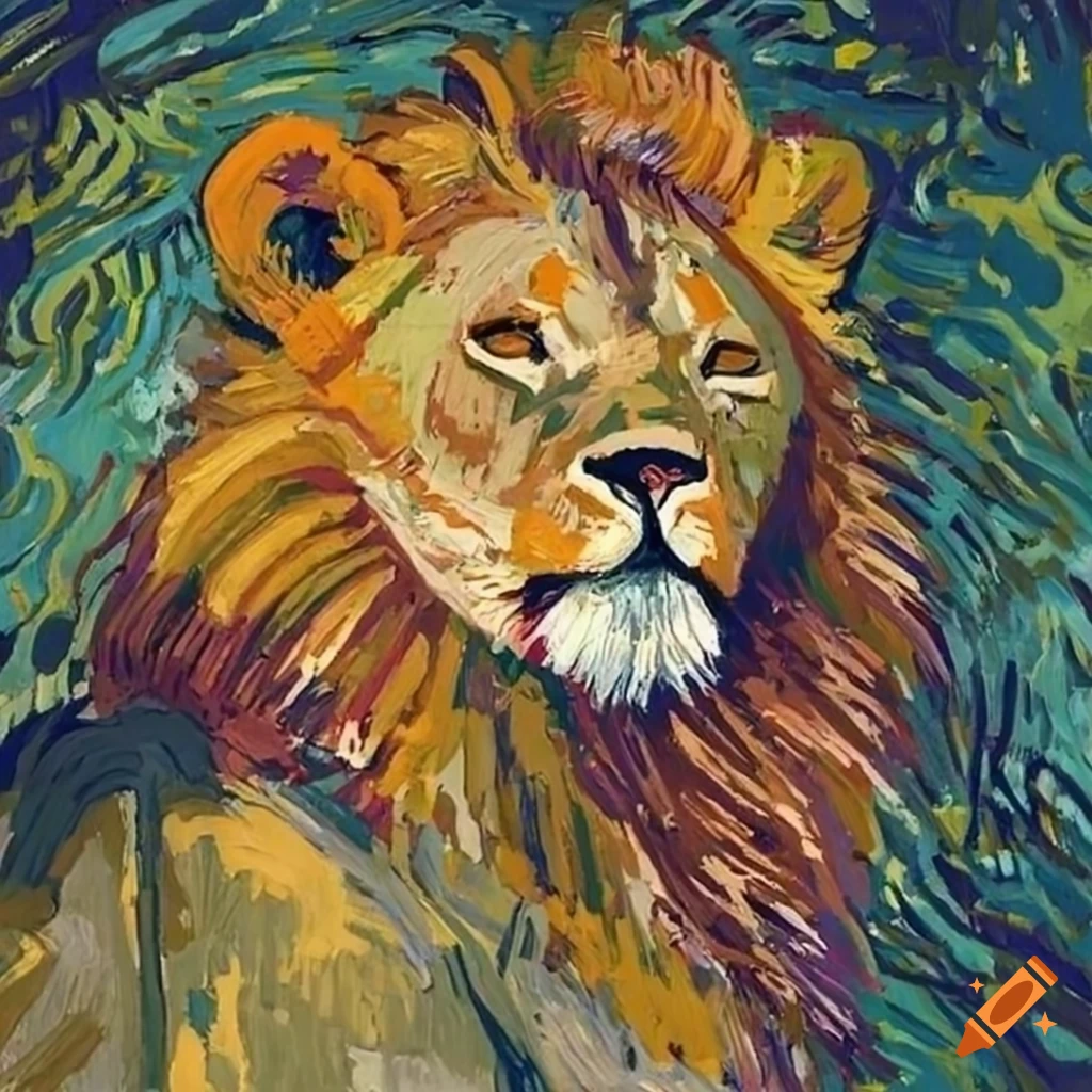 Male lion walking in Van Gogh inspired brush strokes