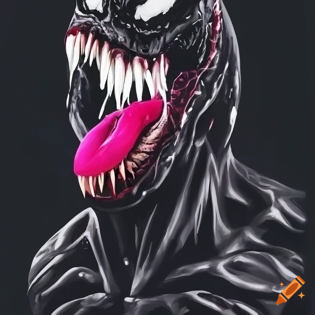 Pop art print of venom with elongated tongue in black, white, and pink on Craiyon