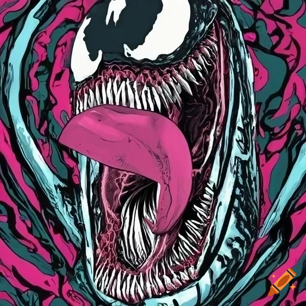 Pop art print of venom with hot pink elongated tongue in ed brubaker style on Craiyon