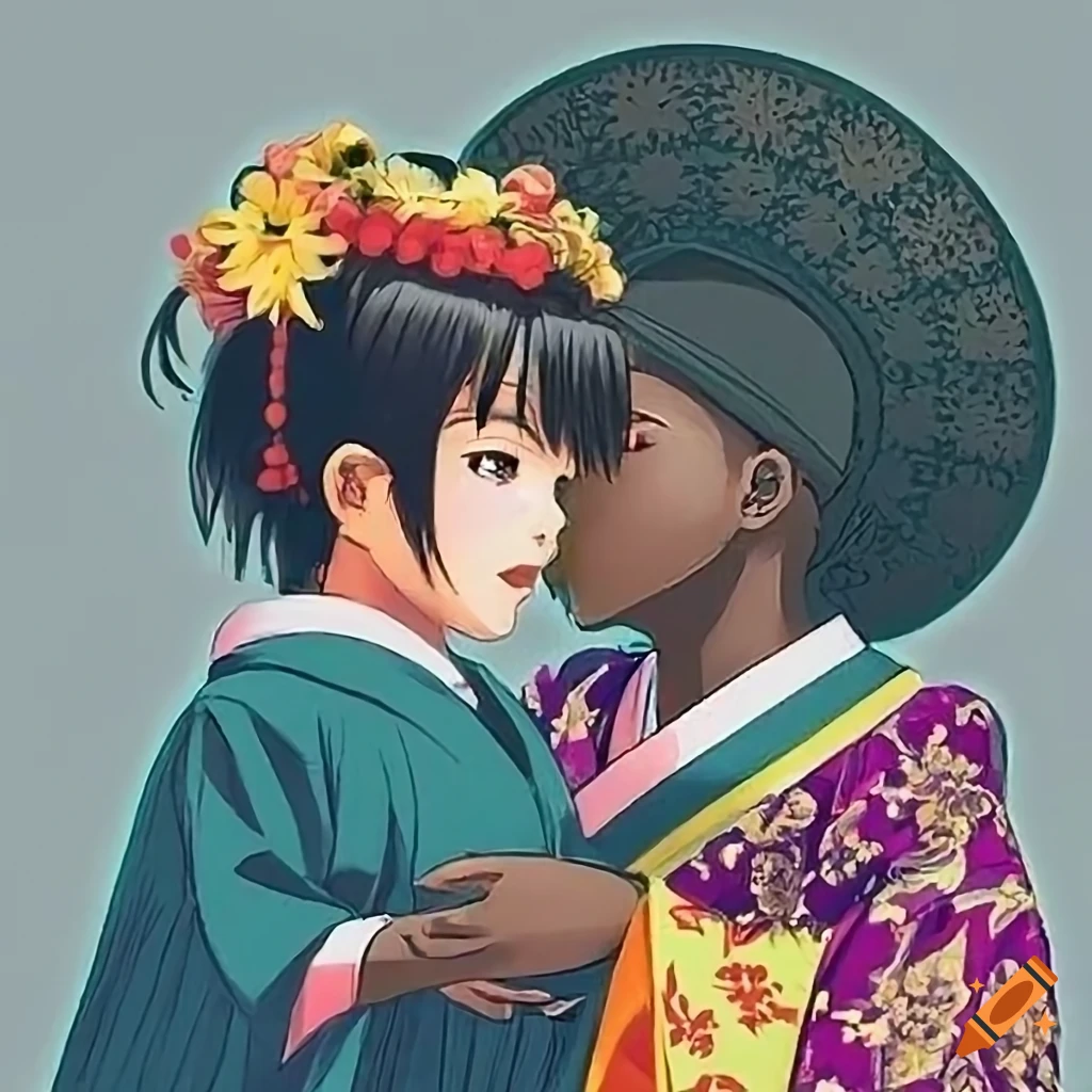 Japanese girl and African boy in 1860s Japan with stunning shading in 1990s anime art style