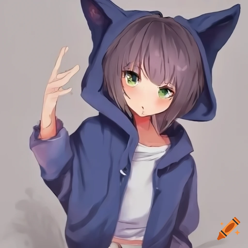 Tomboyish catgirl with short messy hair and fluffy ears in shorts and navy hoodie