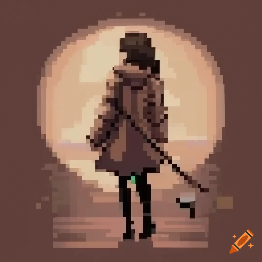 Lonely girl wandering in a big city in pixel art with god rays in sepia tones