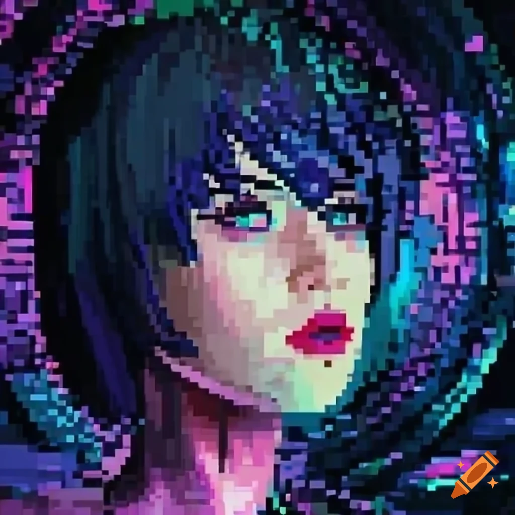 Pixelart portrait of a Russian android cyborg girl in a cyberpunk skyscraper