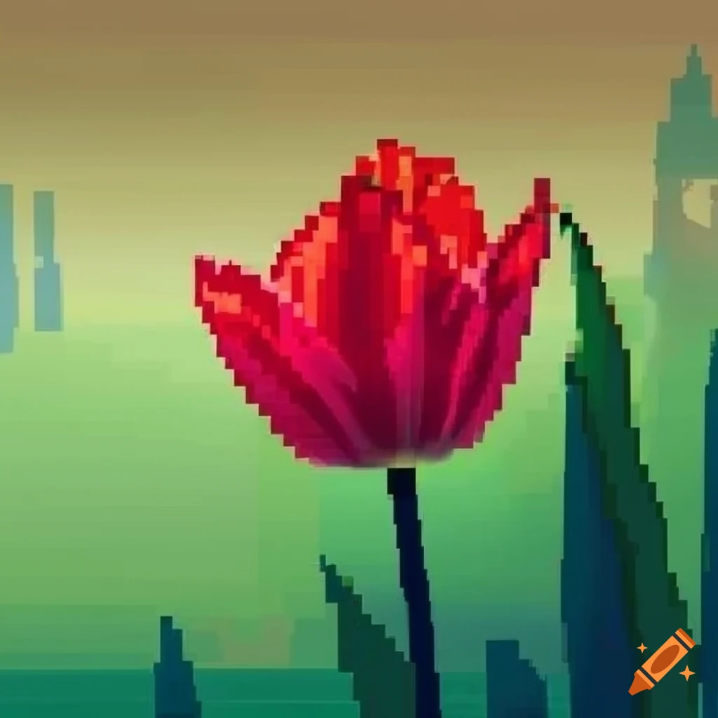 Detailed pixel art of a vibrant red tulip in a serene garden view on ...