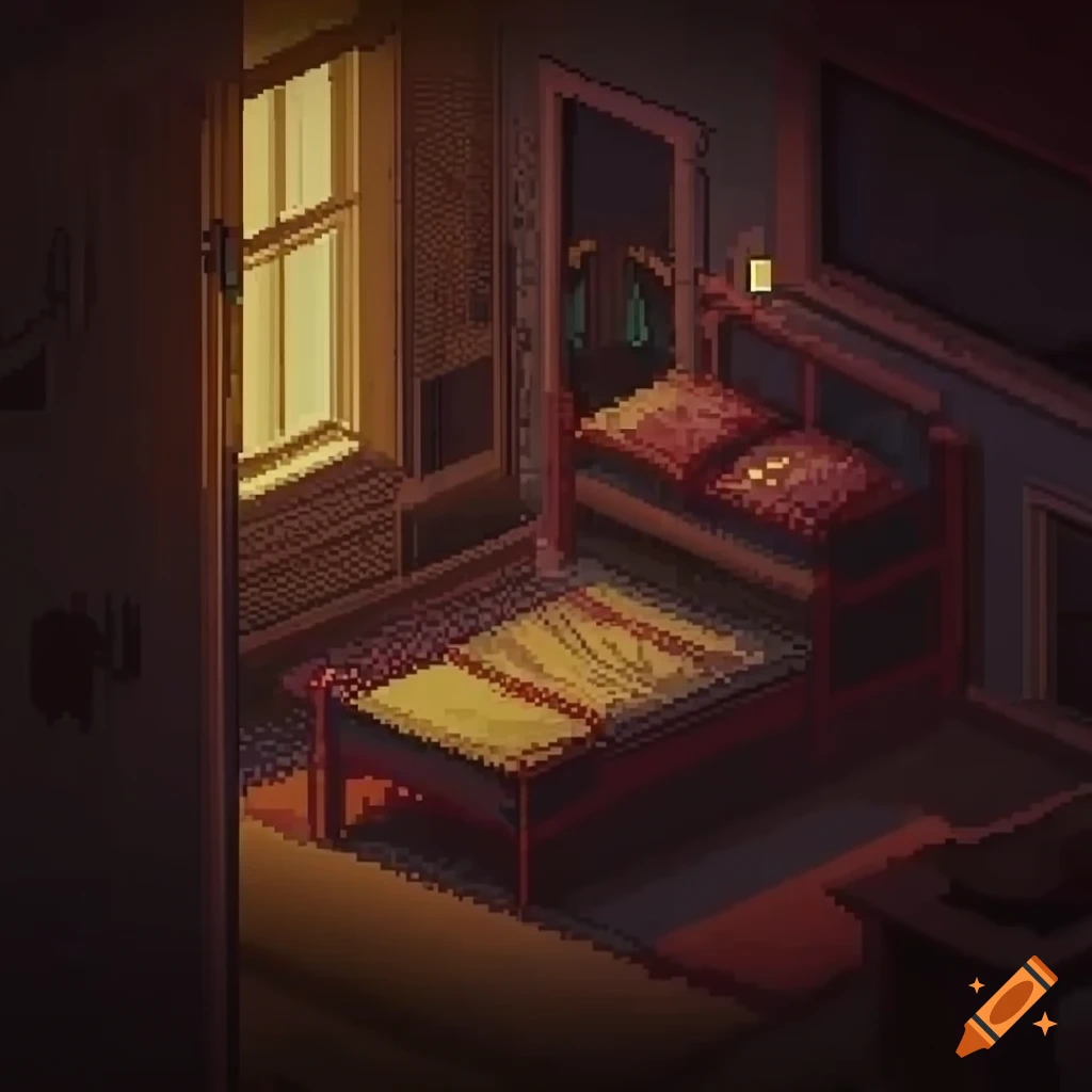 Pixel art of a haunted bedroom with a Japanese monster in a retro style