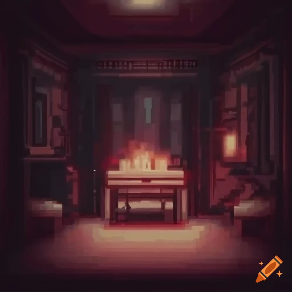 Pixel art of a haunted bedroom with a Japanese monster and blood