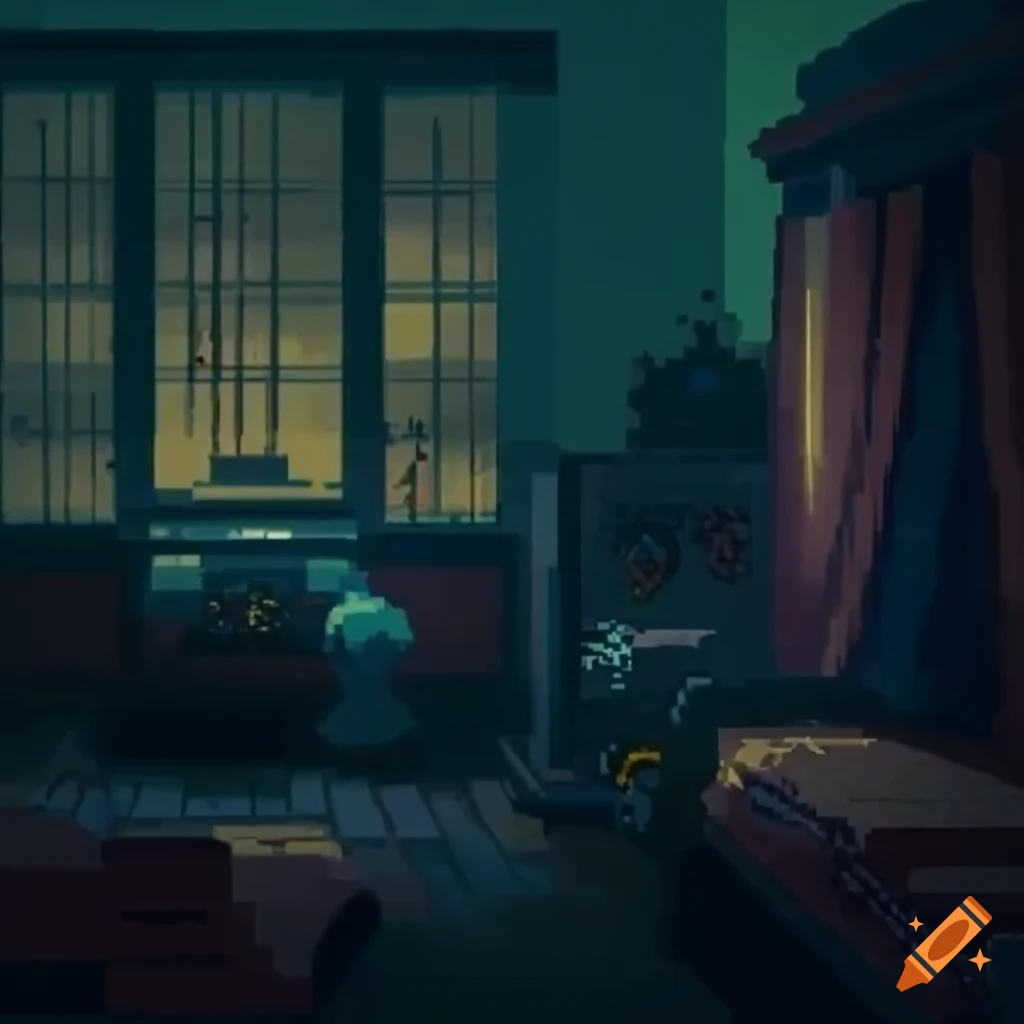Pixelart depiction of a haunted bedroom with a Japanese monster under CCTV surveillance