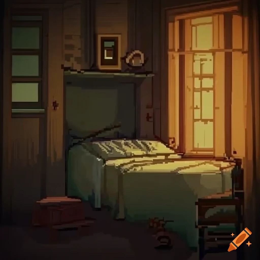 Haunted bedroom captured in pixel art style