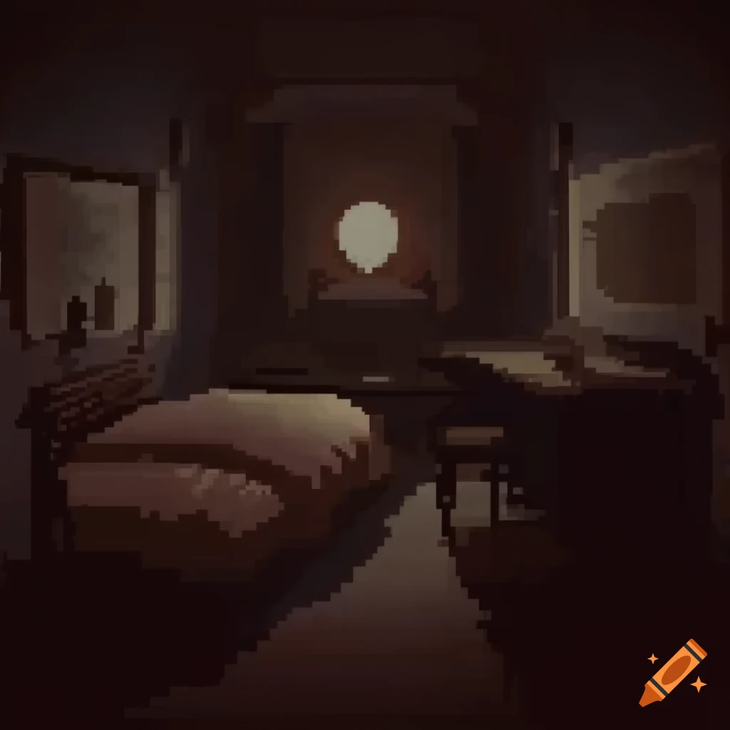 Pixel art of a haunted bedroom with a Japanese monster in a retro style