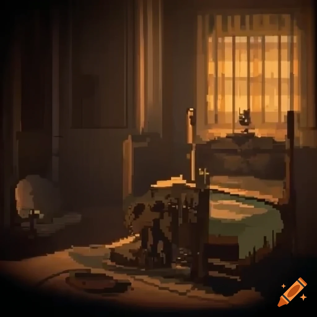 Pixel art of a haunted bedroom with a Japanese monster in a retro style