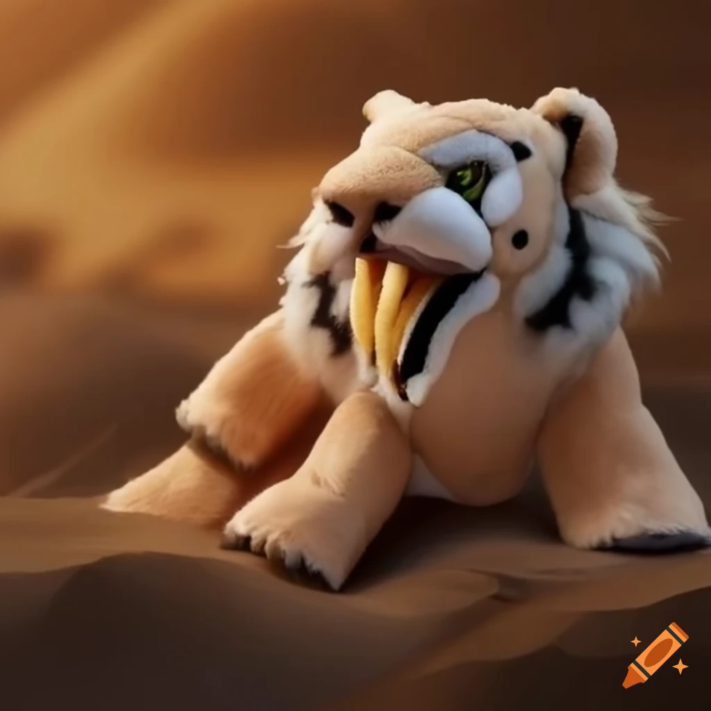 Detailed saber-toothed Tiger plush on a sandy beach background