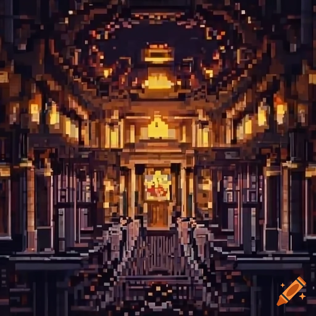 Pixel art promotional photo of a library with CCTV at night