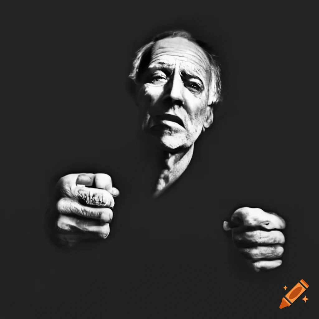 High-contrast image of Werner Herzog arm wrestling Ted Danson