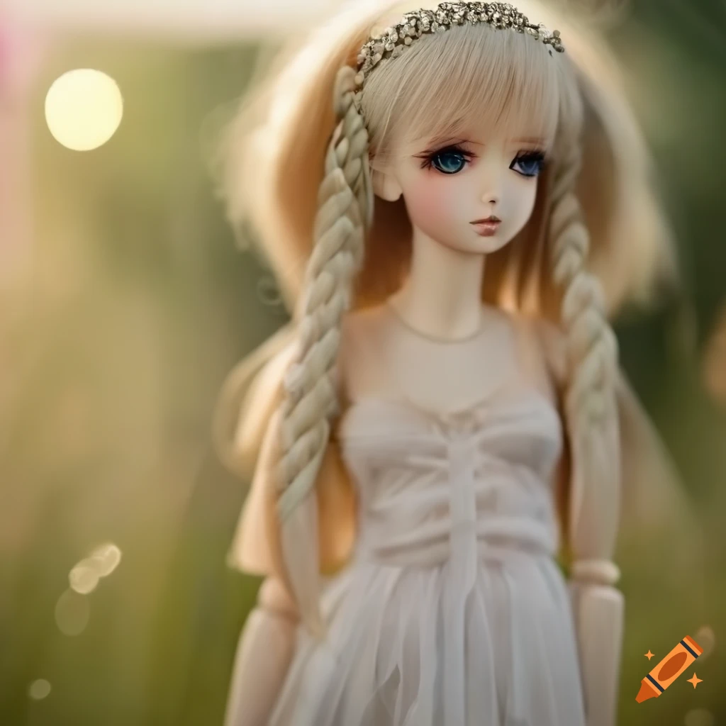 Blonde dollfie with braids in a sundress in a field of flowers