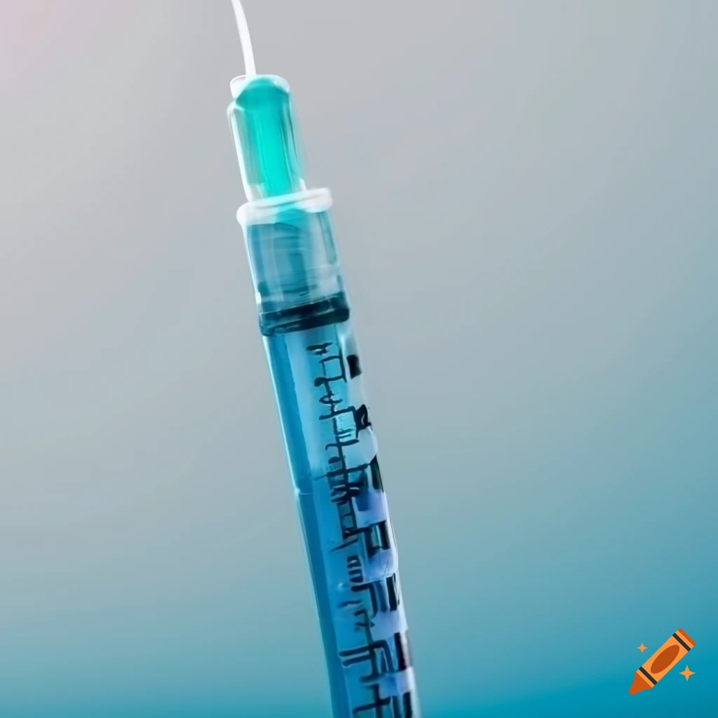 Syringe with blue liquid on white background