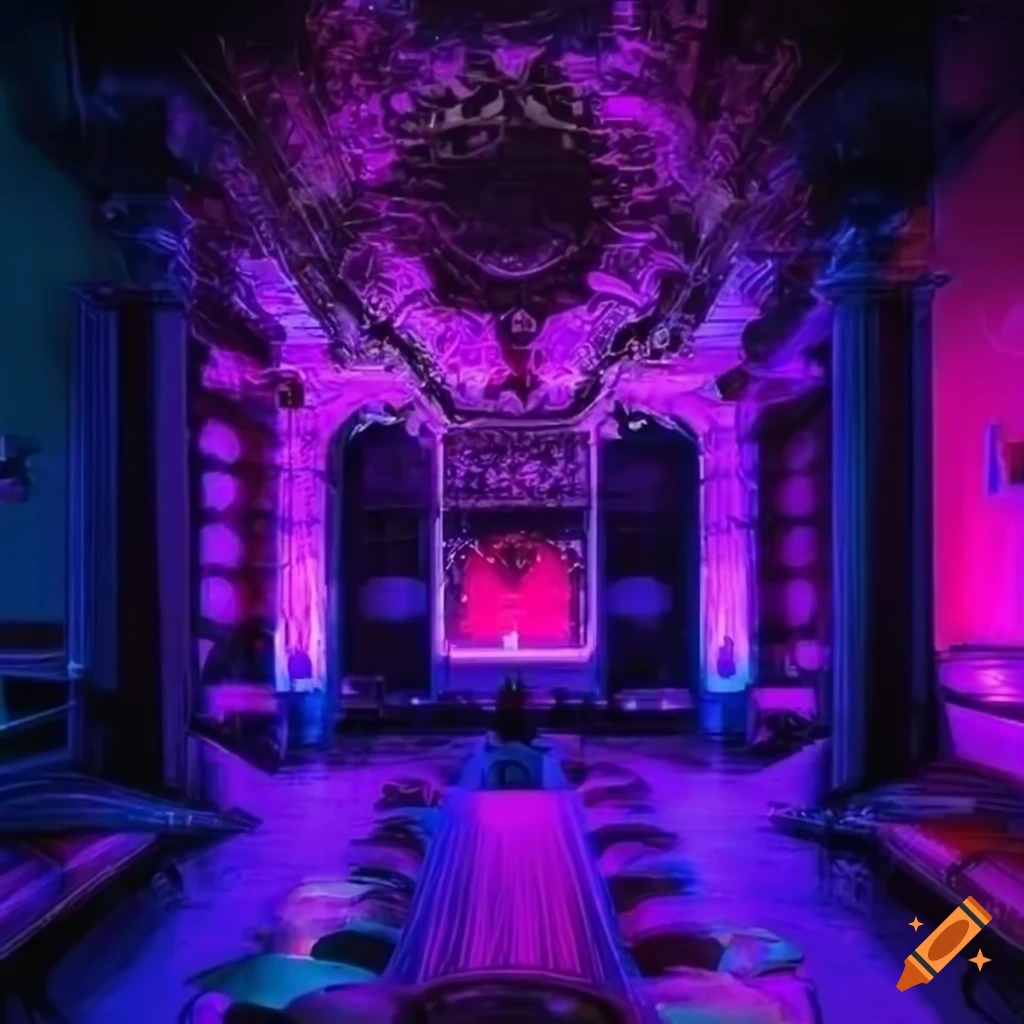 Intricate Cyberpunk nightclub interior inspired by San Pedro Basilica