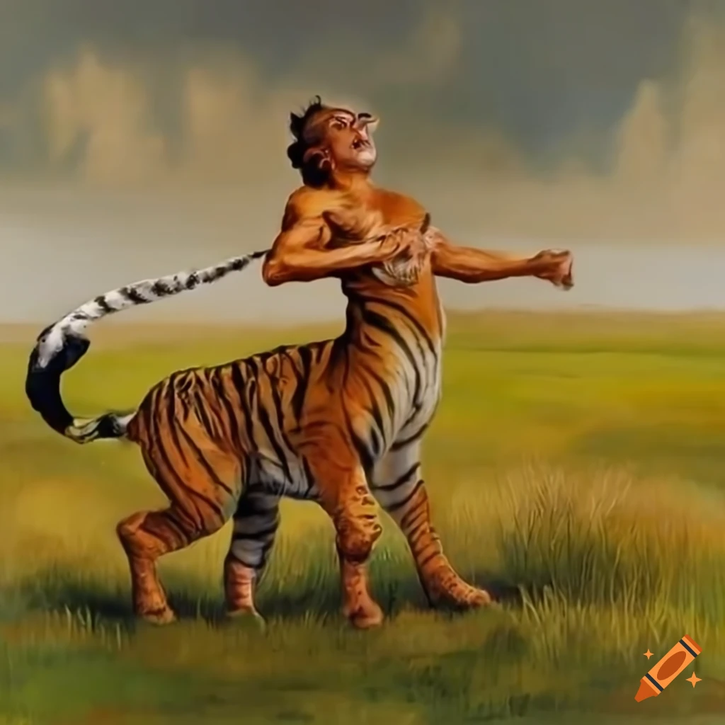 Young tiger-centaurs playing in a field in a photorealistic oil ...