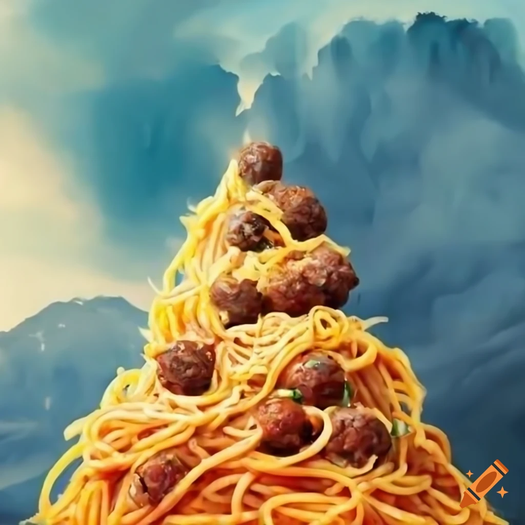 Mountain-shaped spaghetti and meatballs with clouds in the background