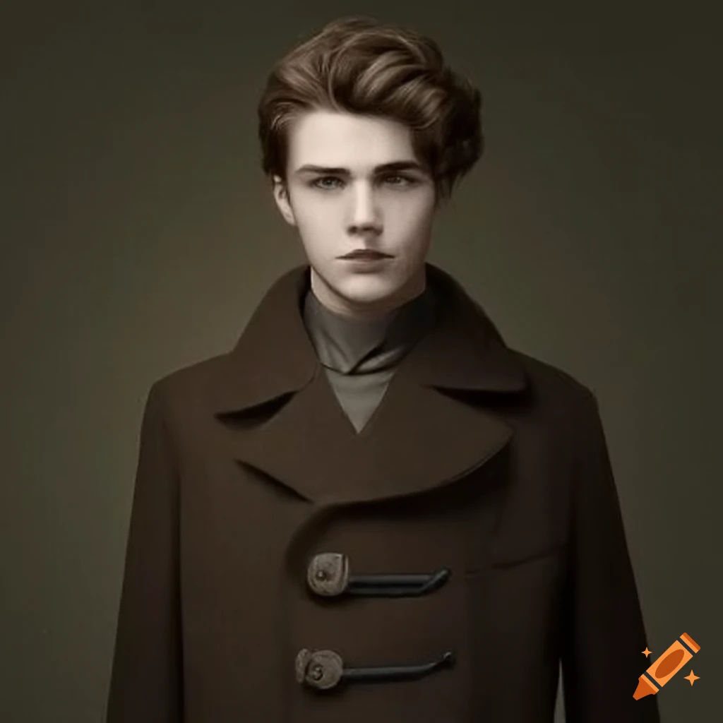 Portrait of a young man in a light brown wavy hair 1900s fashion coat ...