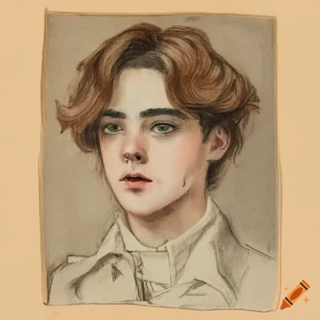 Portrait of young man in light brown wavy hair and 1900s coat on Craiyon