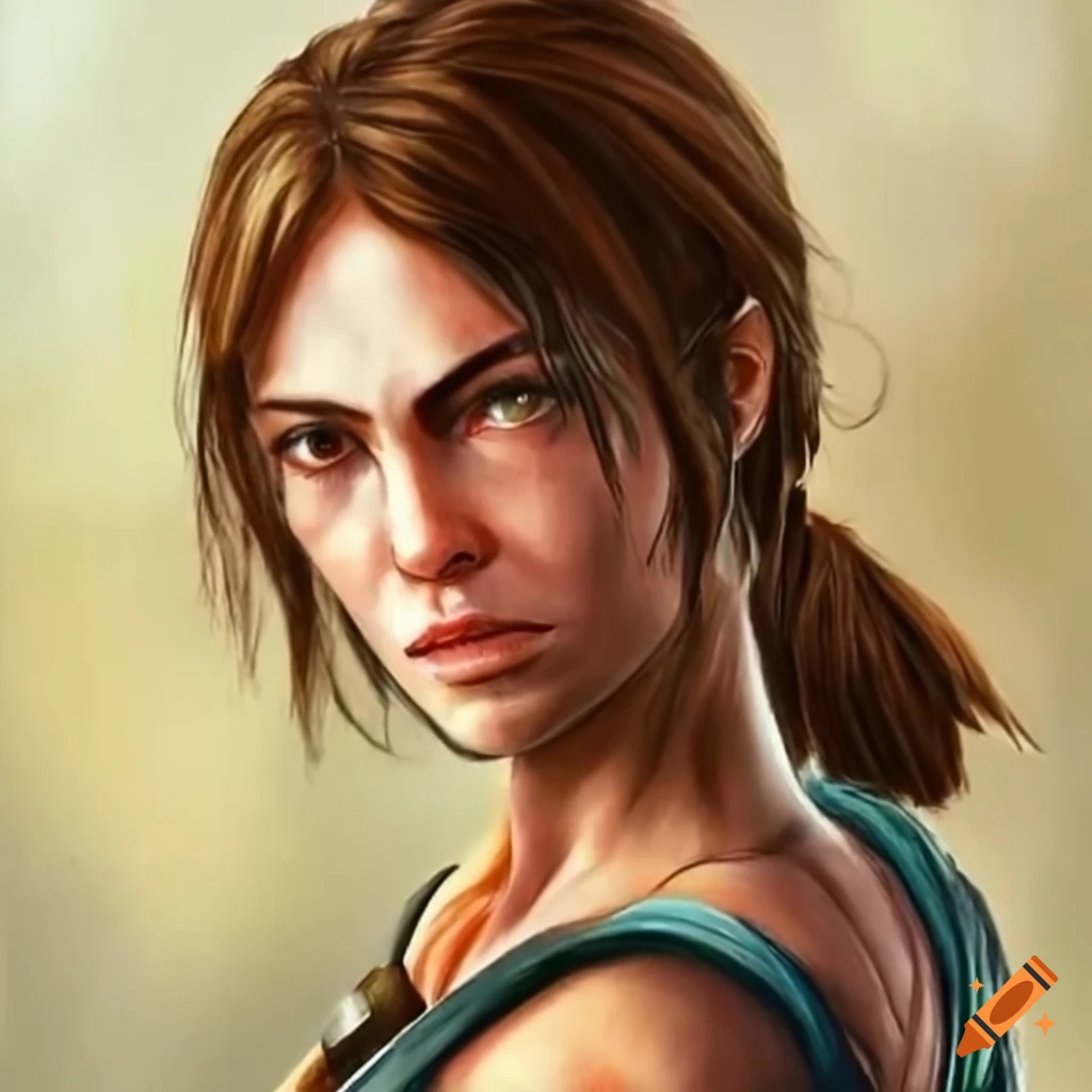 Drawing of lara croft character rendered with colored pencils on Craiyon