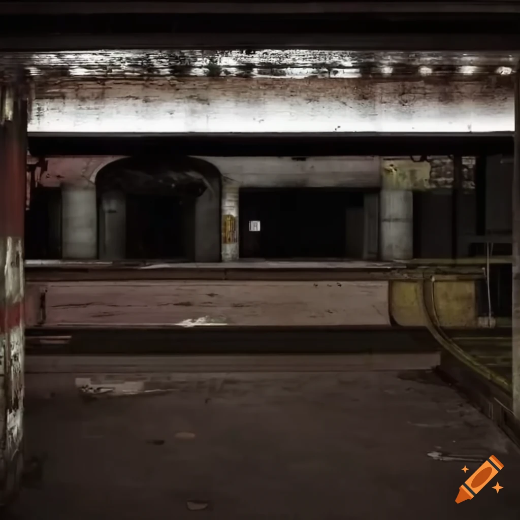 Abandoned subway station with lights on