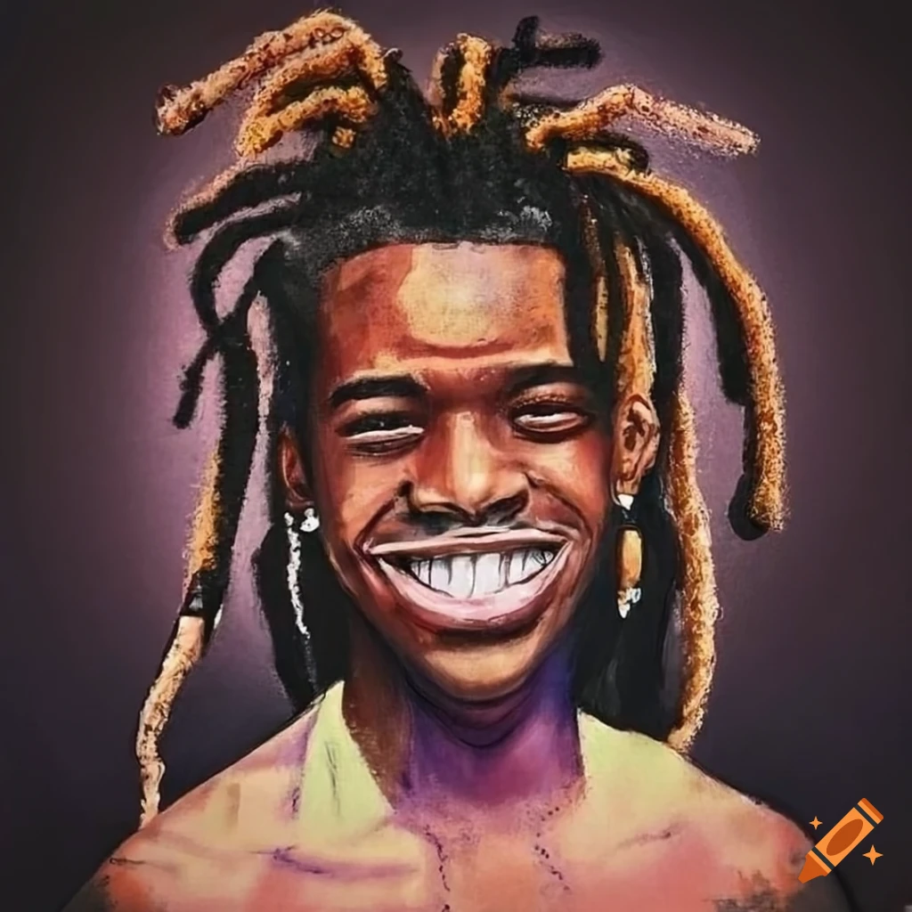 Portrait of a smiling male with dreadlocks, tattoos, and iced out necklace in pastel crayon style