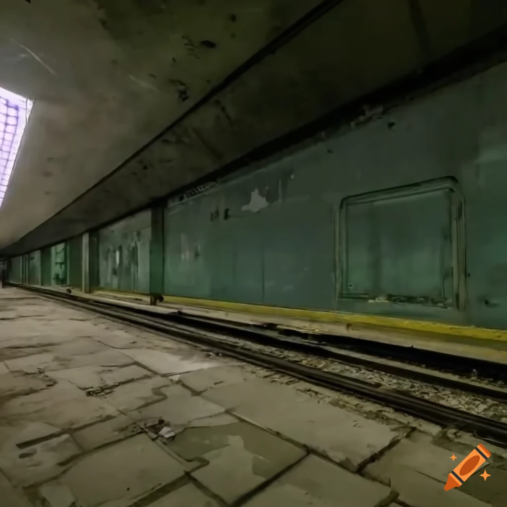 Abandoned subway station with lights on from police camera perspective