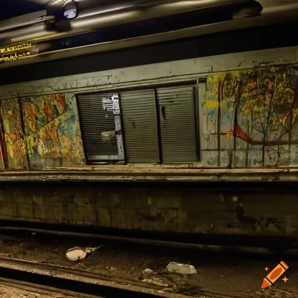 Abandoned subway station with police camera angle and dim lighting at night