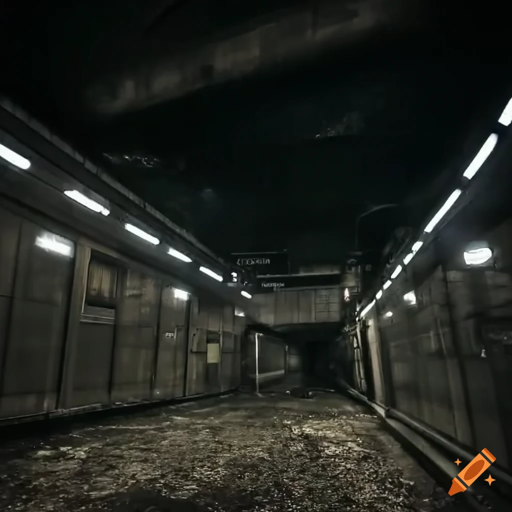 Abandoned subway station with lights on from police camera perspective