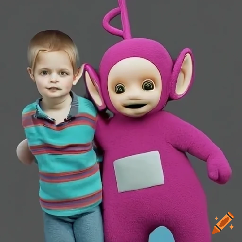 Female teletubby offers piggyback ride to a tall boy on Craiyon