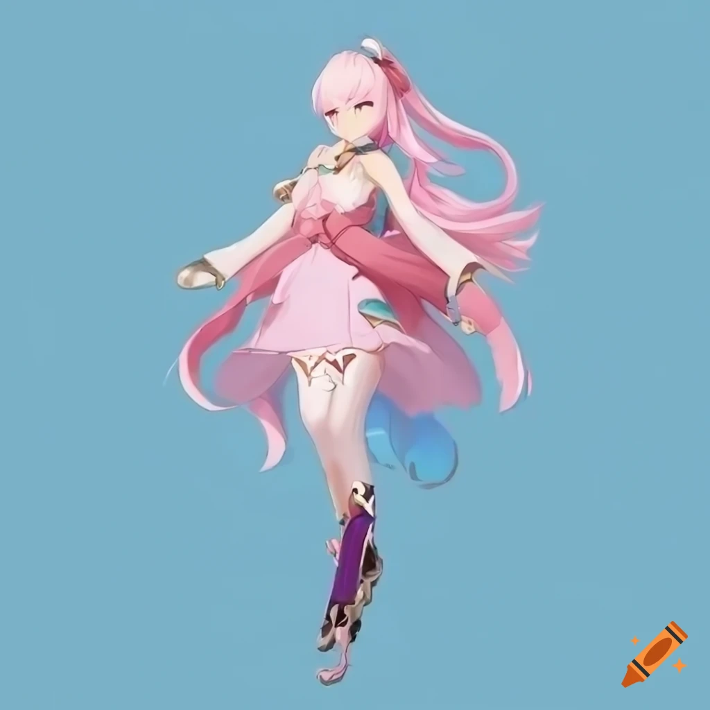 Cryo Genshin Impact character with pink hair and blue eyes in a pastel-themed setting