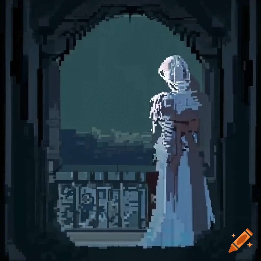 Seinen anime princess looking from castle window in pixel art