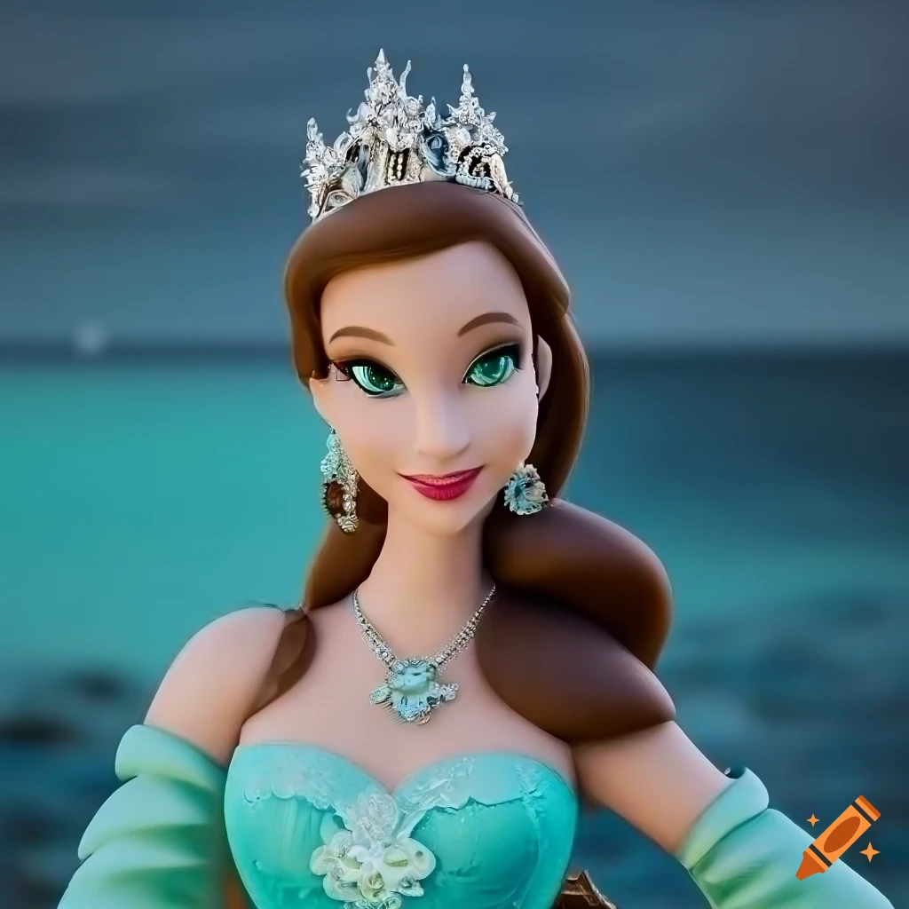 Disney princess posing elegantly by the turquoise sea in detailed art style