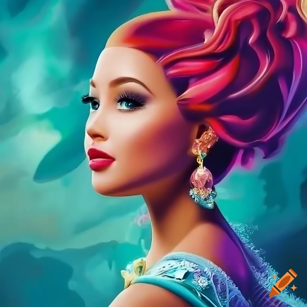 Disney princess posing elegantly by the turquoise sea in intricate art style