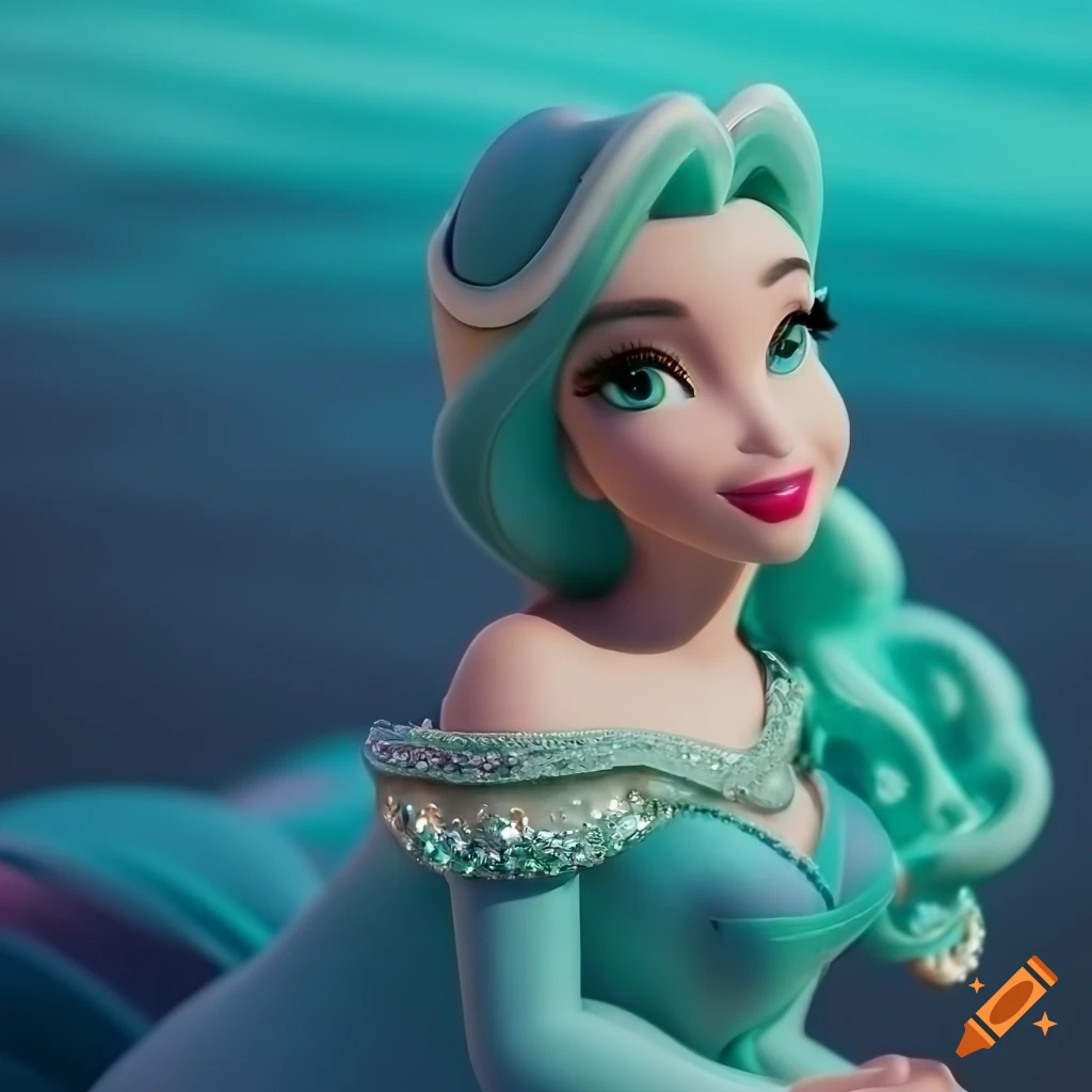 Disney princess posing elegantly by the turquoise sea in detailed art style