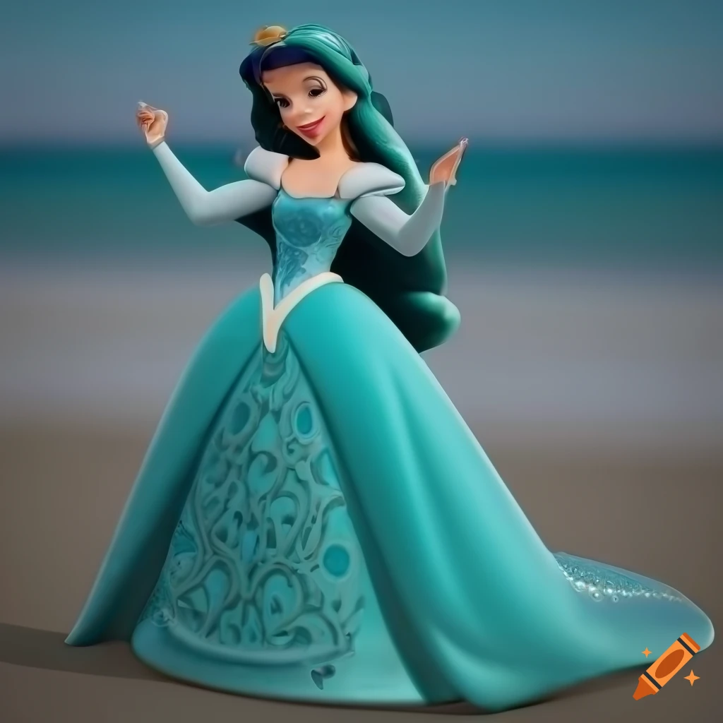Disney princess posing elegantly by the turquoise sea in detailed art style
