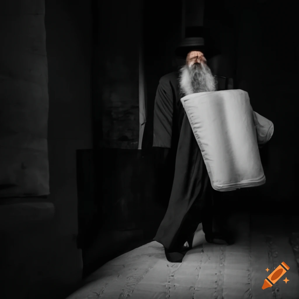 orthodox-rabbi-walking-with-head-down-holding-a-mattress-on-craiyon
