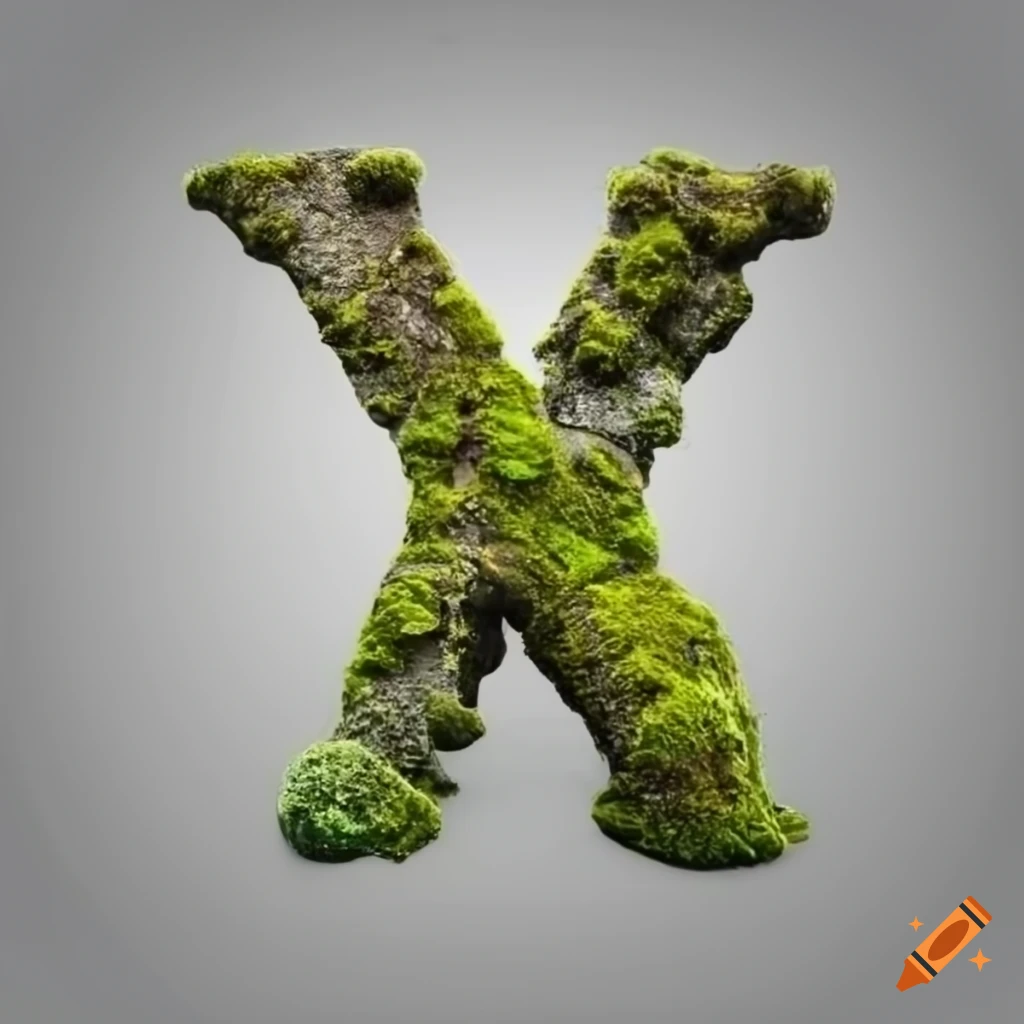 Moss-covered ancient stone with the letter X on a white background