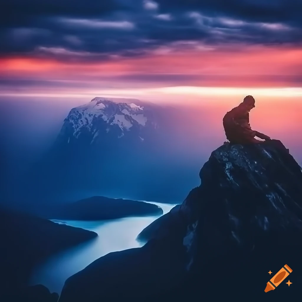 Man sitting on mountain peak with river below and clouds above