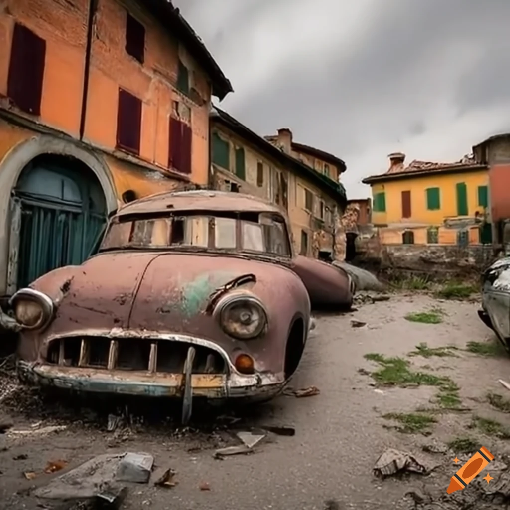 Abandoned cars in a dusty Italian village