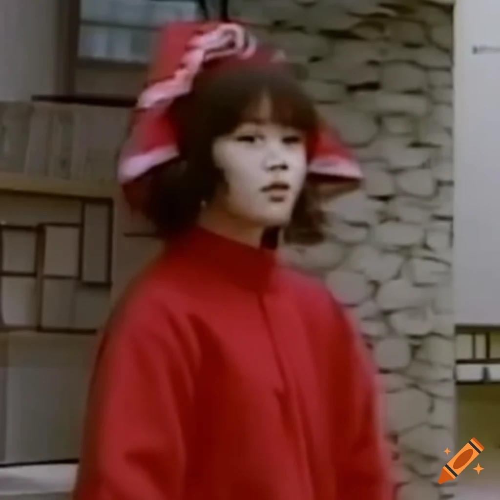 Reimu Hakurei in a red tracksuit reminiscent of a BBC crime series from 1989