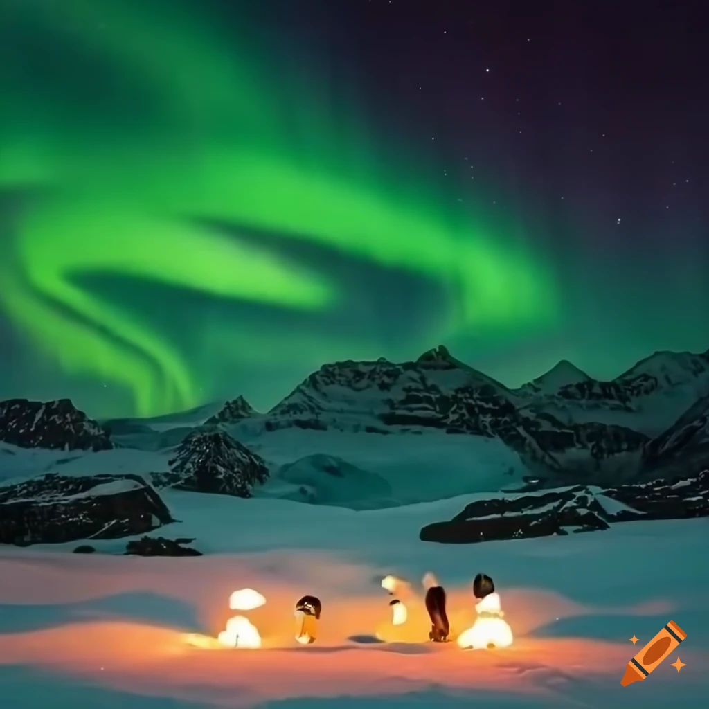 Polar bear family watching northern lights with ice mountains in the background